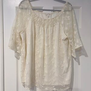 Westport Lace Blouse – Women’s 1X Ivory Embroidered Sheer Overlay Top